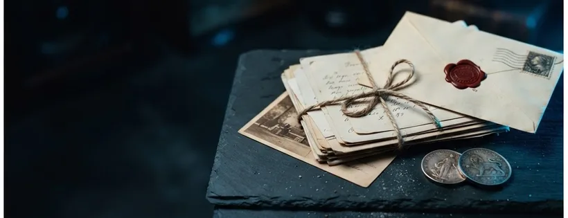Sealed envelope, postcard and letters beside silver coins